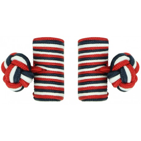 Navy Blue, White and Deep Red Silk Barrel Knot Cufflinks