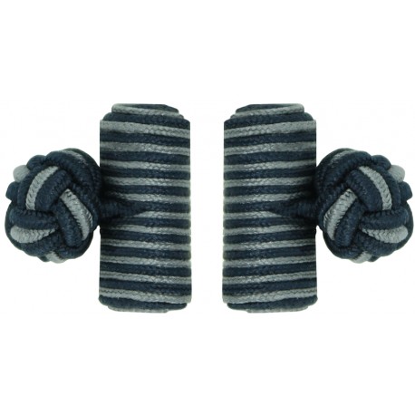 Navy Blue and Grey Silk Barrel Knot Cufflinks