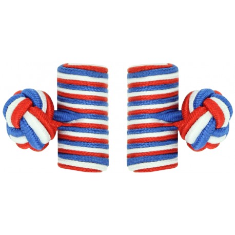 Red, White and Cobalt Blue Silk Barrel Knot Cufflinks 