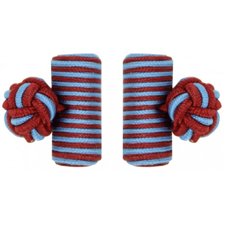 Dark Red and Light Blue Silk Barrel Knot Cufflinks