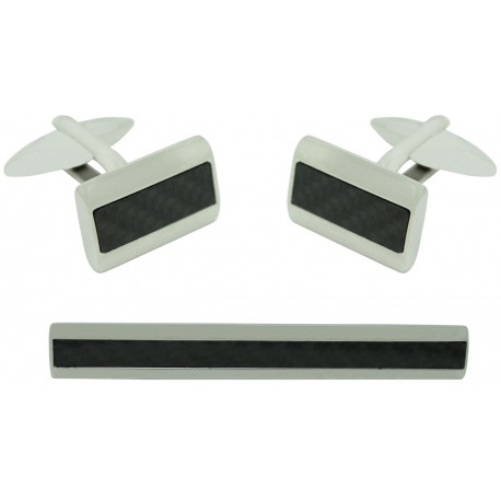 Stainless Steel Carbon Fiber Cufflinks and Tie Clip 