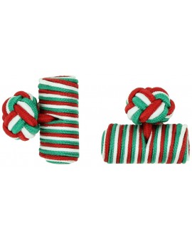Green, White and Deep Red Silk Barrel Knot Cufflinks