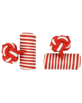 Deep Red and White Silk Barrel Knot Cufflinks 